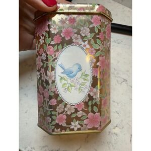 Vintage Meister Brazil Octagonal Tin Blue Bird Floral Gold Decorative Canister